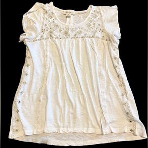 Style&Co Women's White Embroidered Peasant Top Cream & Silver Accents Petite Sm